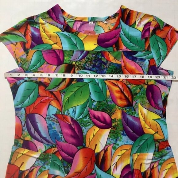 Colorful Green Purple Yellow  Flower Crew Neck Short Sleeve Pull Over Dress - Picture 4 of 14